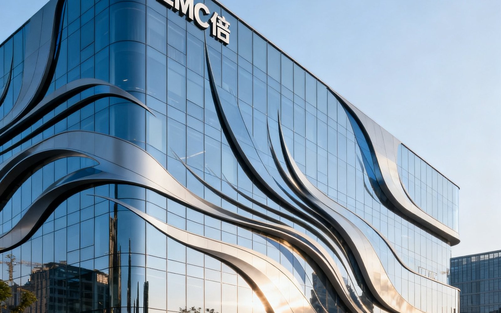 EMC易倍位于成都高新区的总部大楼外立面，现代玻璃幕墙建筑融入律动的运动线条设计元素