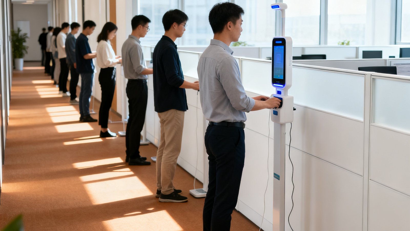 企业办公区内员工排队使用智能健康检测一体机进行日常体测
